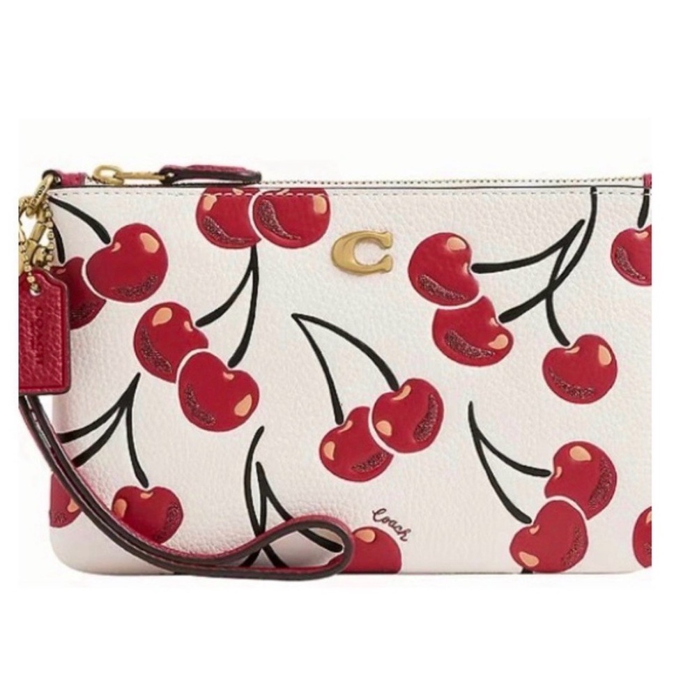 Coach Pebble Leather Zip Wristlet Wallet Cherry Print New in Box
